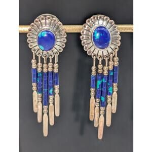Vintage QT Sterling Native American Azurite Dangle Post Earrings